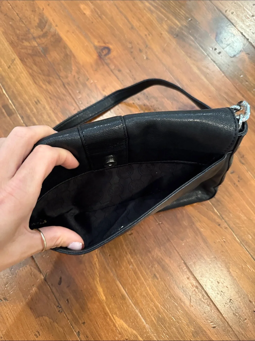 Michael Kors Black Leather Shoulder Bag with Silver MK Emblem